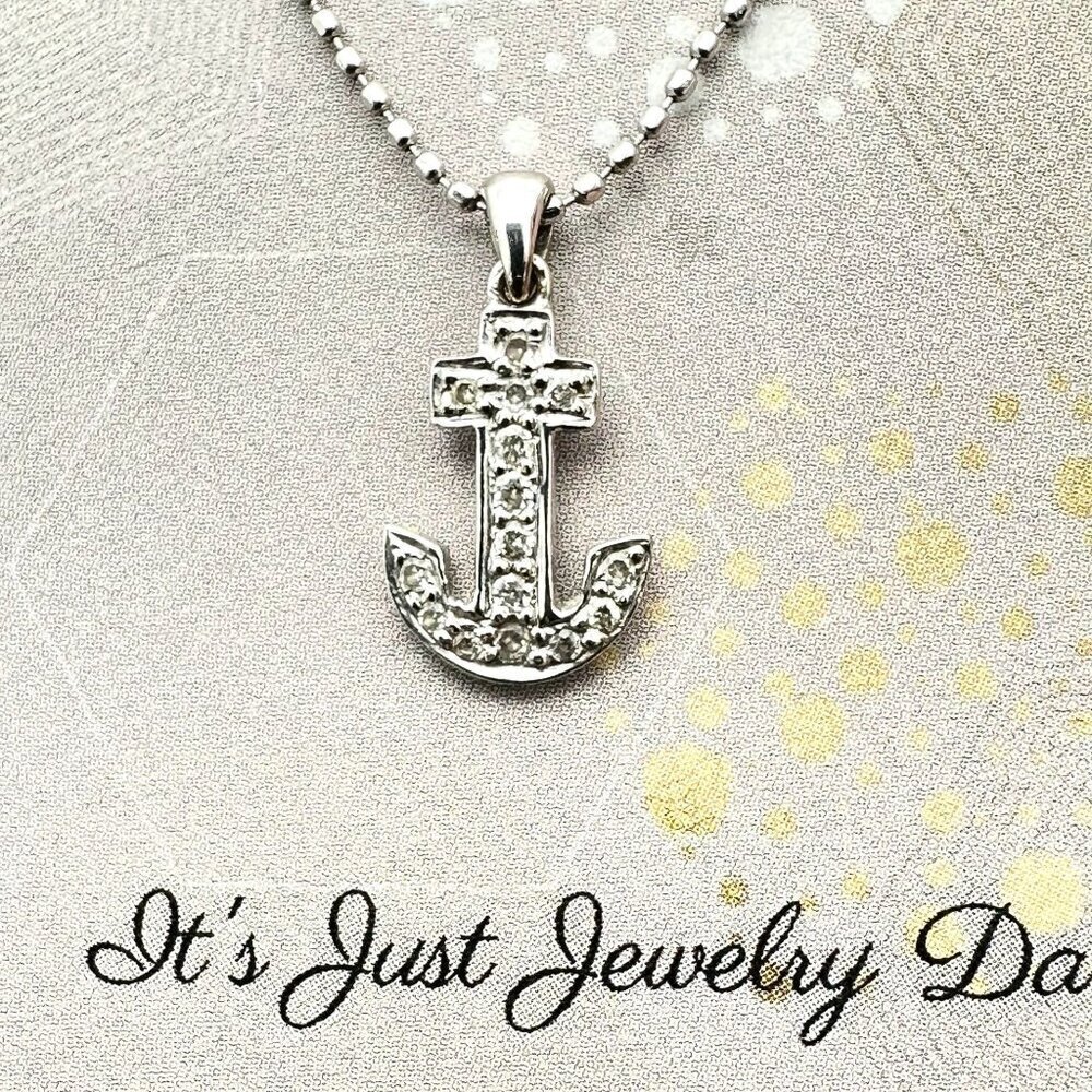 Womens 14K White Gold Necklace Diamond Anchor Pendant 16 Inch Estate